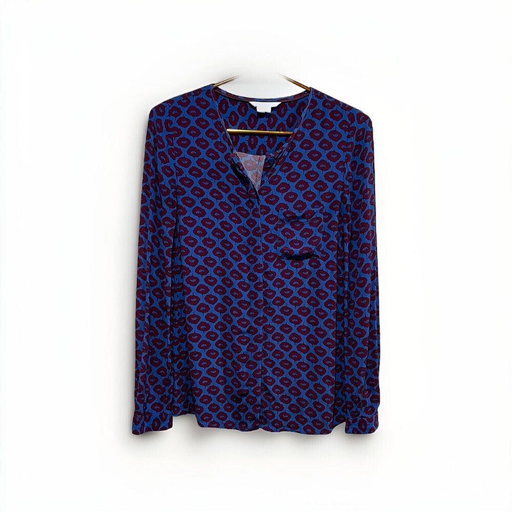 Boden Gwyneth Retro Blue Purple Floral Button Down Blouse V-Neck Mod 70s Print 2